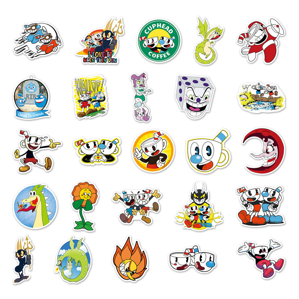 50PCS Classic Cartoon Cute Game Cuphead Series Doodle Stickers Exquisite Fashion Creative DIY Decorative Decals Suitable for Mugs, Helmets, Skateboards, Refrigerators, Stationery Boxes