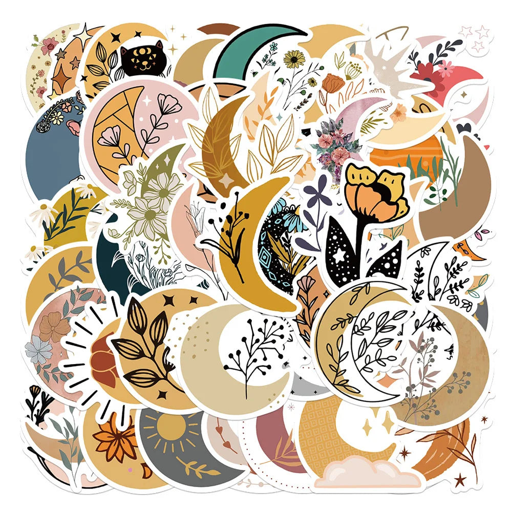 50PCS of cartoon moon and flower fresh graffiti stickers, personalized, fashionable and creative DIY decorative stickers, toys, laptops, ipads, guitars, helmets, refrigerators, and popular stickers