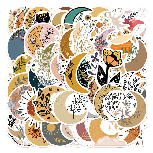 50PCS of cartoon moon and flower fresh graffiti stickers, personalized, fashionable and creative DIY decorative stickers, toys, laptops, ipads, guitars, helmets, refrigerators, and popular stickers