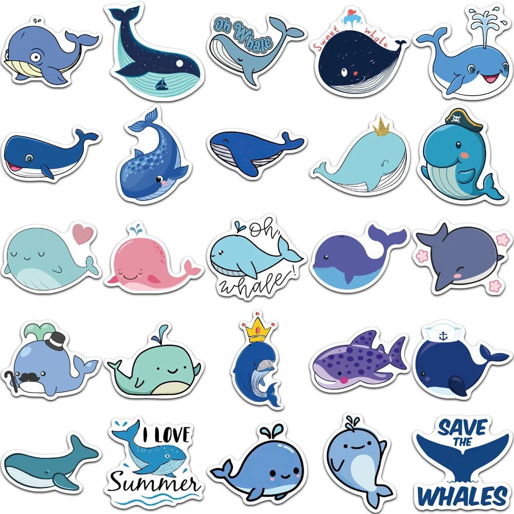 50PCS of cute cartoon whale and Marine animal graffiti stickers, personalized and fashionable DIY creative and exquisite decorative stickers, refrigerator, skateboard, water cup, helmet, guitar, popular sticker toys