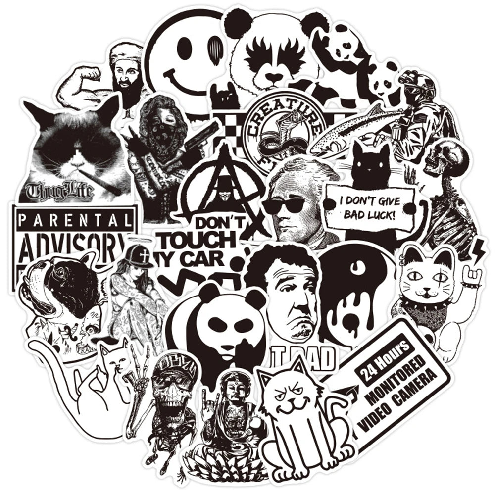 100 pieces of cartoon black and white cool punk graffiti stickers, personalized, fashionable and creative DIY beautiful and trendy decorative decal toys, skateboards, refrigerators, suitcases, laptops, popular stickers