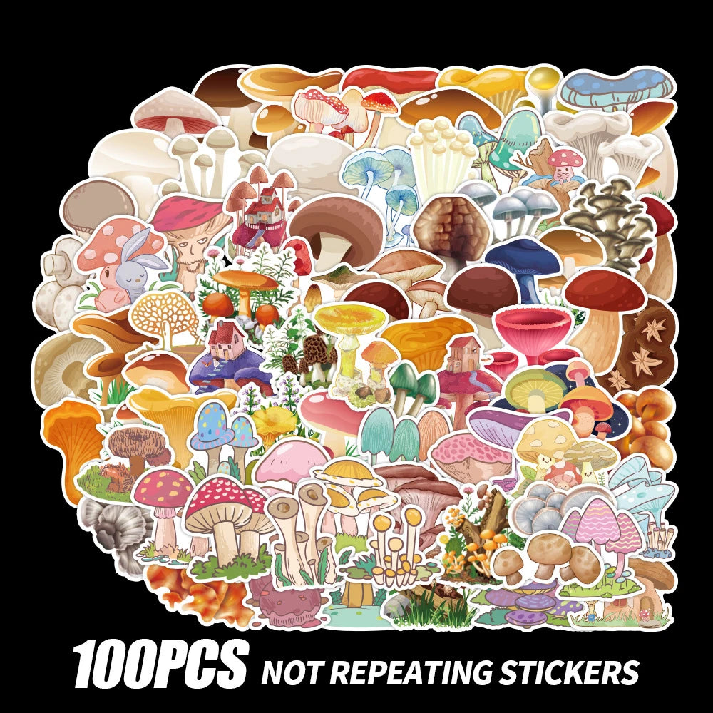 100PCS Mushroom VSCO Cartoon Sticker Scrapbook Guitar Luggage Kids Gift Phone Computer PVC Waterproof Sticker