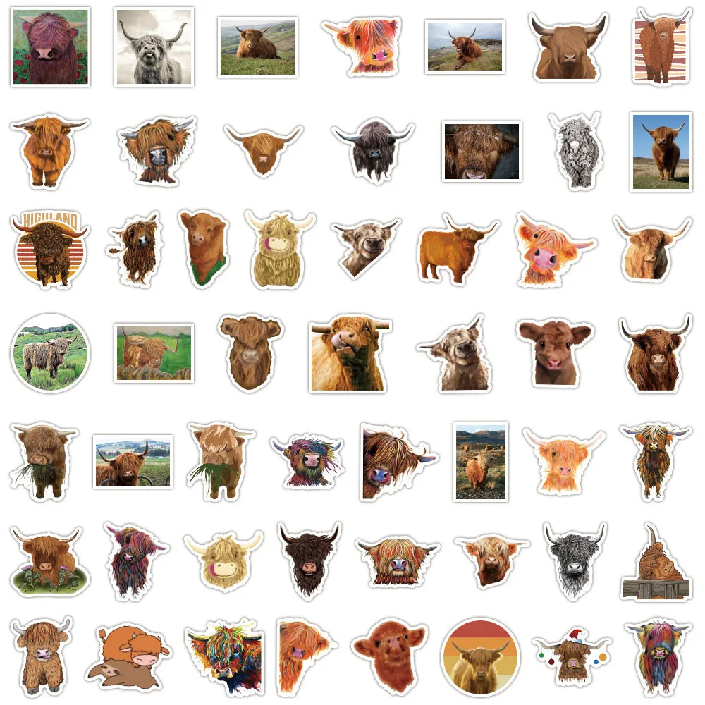 50/PCS New Cute Animal Scottish Highland Cow Graffiti Sticker Car Trunk Water Cup Sticker