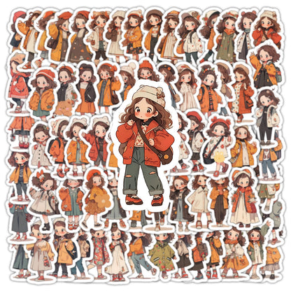 100PCS Autumn Wardrobe Doodle Stickers, Bulk Cute Cartoon Character Decals with Cozy Fall Outfits for Crafts