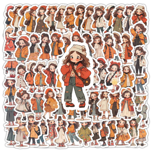 100PCS Autumn Wardrobe Doodle Stickers, Bulk Cute Cartoon Character Decals with Cozy Fall Outfits for Crafts