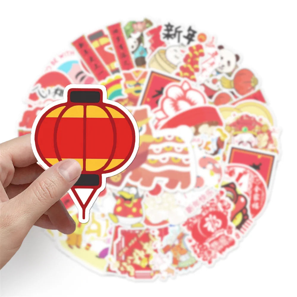 50 pieces of Chinese festival New Year series cartoon, auspicious and cute graffiti stickers, personalized, fashionable and creative DIY decorative stickers, guitar, IPad, helmet, skateboard, popular and exquisite decal toys