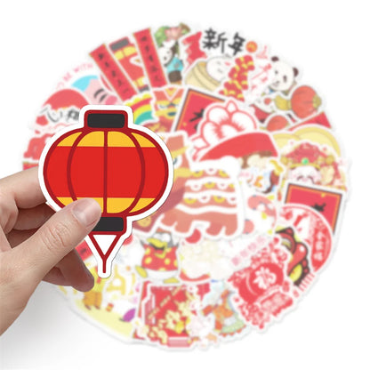 50 pieces of Chinese festival New Year series cartoon, auspicious and cute graffiti stickers, personalized, fashionable and creative DIY decorative stickers, guitar, IPad, helmet, skateboard, popular and exquisite decal toys
