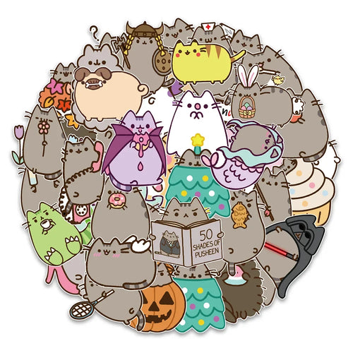 50PCS Cute Fat Cat Sticker Cartoon Flat Skateboard Telmet Cup Guitar DIY Wall Sticker Personalized Decoration