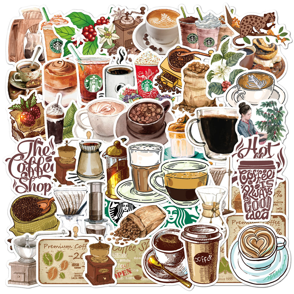 50PCS Cartoon Retro Coffee Doodle Stickers - Exquisite DIY Journal Decor Decals for Bags, Skateboards, Refrigerators, Computers, Helmets, and Stationery Boxes