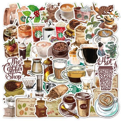 50PCS Cartoon Retro Coffee Doodle Stickers - Exquisite DIY Journal Decor Decals for Bags, Skateboards, Refrigerators, Computers, Helmets, and Stationery Boxes