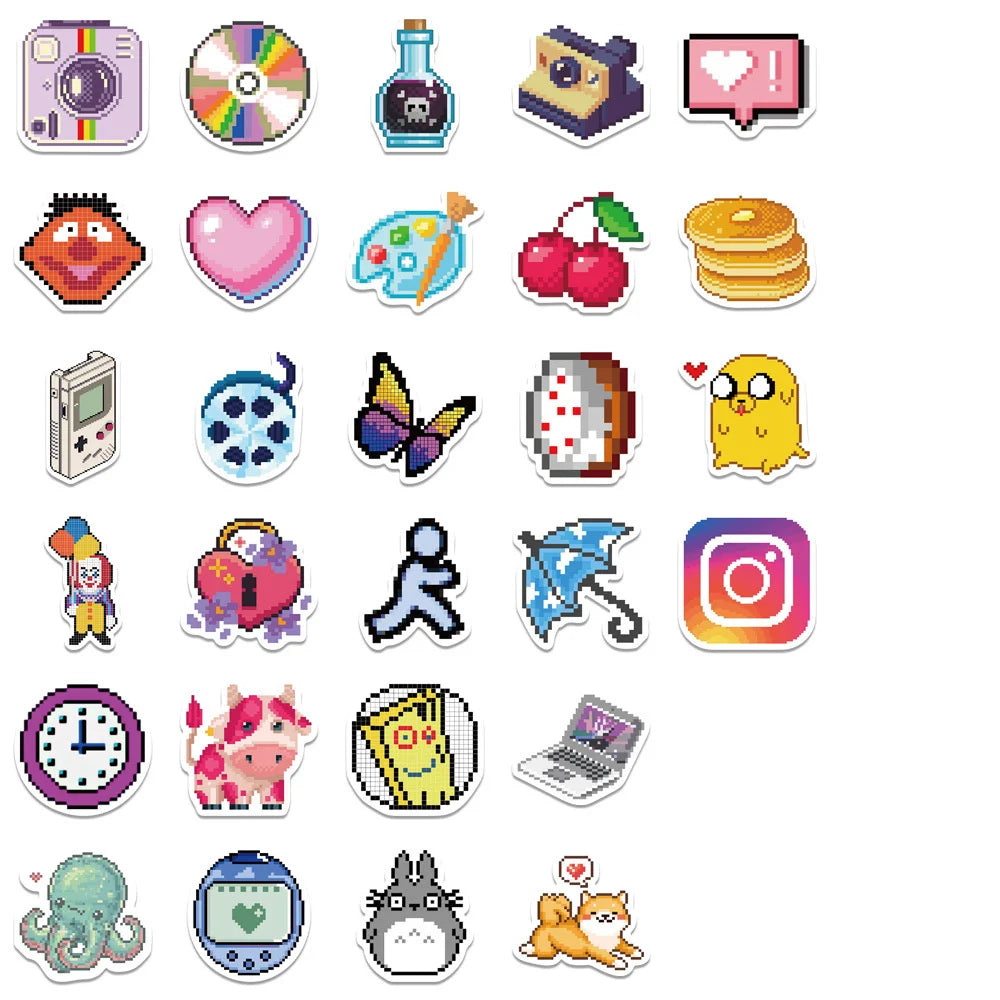 64PCS Mosaic pixel-style cartoon graffiti stickers, personalized fashion and creative trend DIY exquisite decorative stickers, refrigerator, skateboard, water cup, helmet, guitar, popular sticker toys
