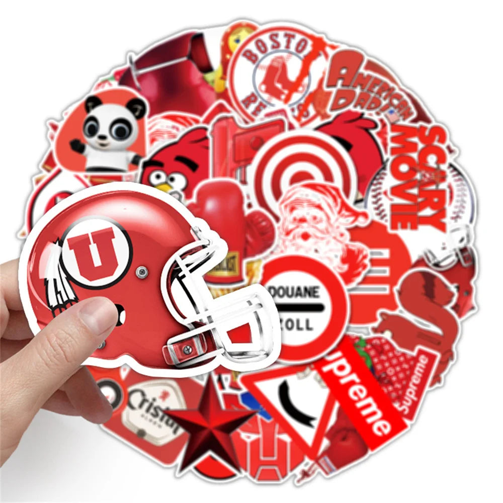 50PCS of red series cartoon graffiti stickers, personalized, fashionable, creative, exquisite and trendy DIY decorative stickers for bags, motorcycles, laptops, cars and popular toys
