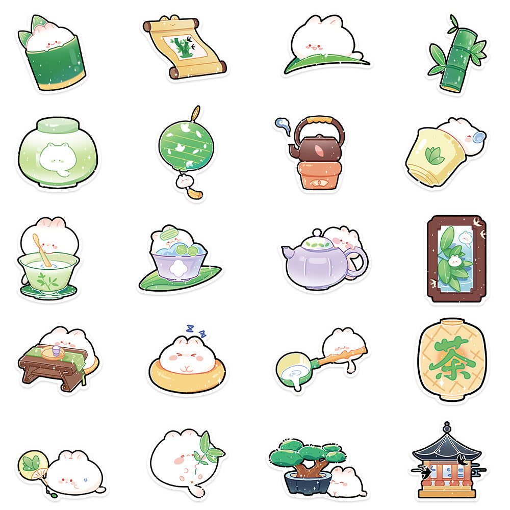 40PCS Cartoon Bamboo Grove Tea House Doodle Stickers Exquisite Creative DIY Journal Decorative Decals Suitable for Notebooks, Phone Cases, Skateboards, Water Bottles, and Stationery Boxes