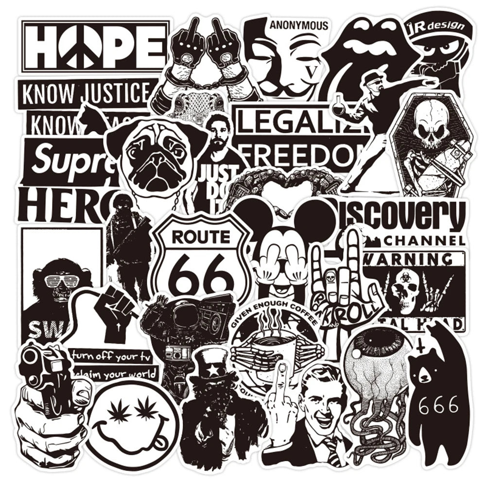 100 pieces of cartoon black and white cool punk graffiti stickers, personalized, fashionable and creative DIY beautiful and trendy decorative decal toys, skateboards, refrigerators, suitcases, laptops, popular stickers