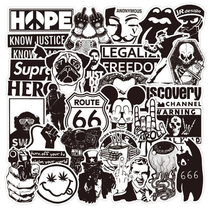 100 pieces of cartoon black and white cool punk graffiti stickers, personalized, fashionable and creative DIY beautiful and trendy decorative decal toys, skateboards, refrigerators, suitcases, laptops, popular stickers