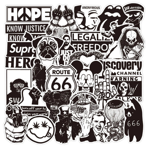 100 pieces of cartoon black and white cool punk graffiti stickers, personalized, fashionable and creative DIY beautiful and trendy decorative decal toys, skateboards, refrigerators, suitcases, laptops, popular stickers