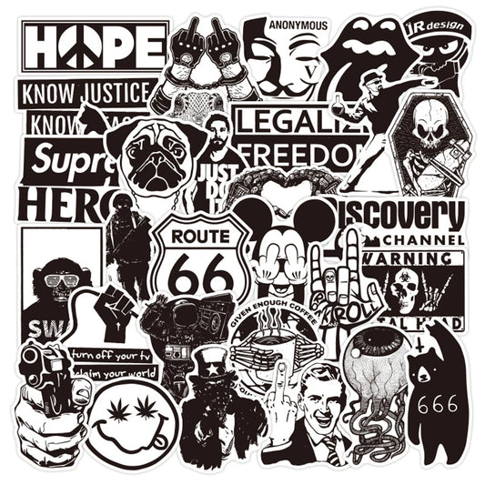 100 pieces of cartoon black and white cool punk graffiti stickers, personalized, fashionable and creative DIY beautiful and trendy decorative decal toys, skateboards, refrigerators, suitcases, laptops, popular stickers