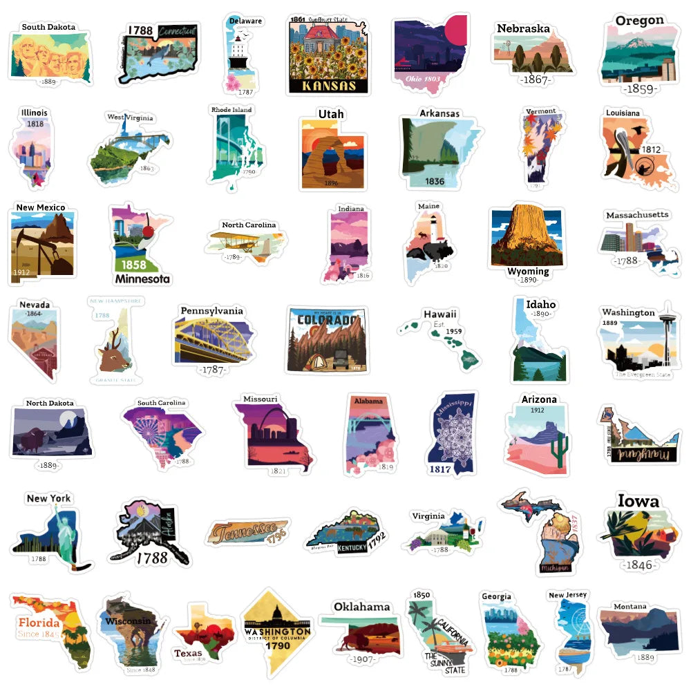 50PCS US State Map Sign Cartoon Graffiti Sticker Cup Laptop Luggage Children Toys Waterproof Exquisite Stickers