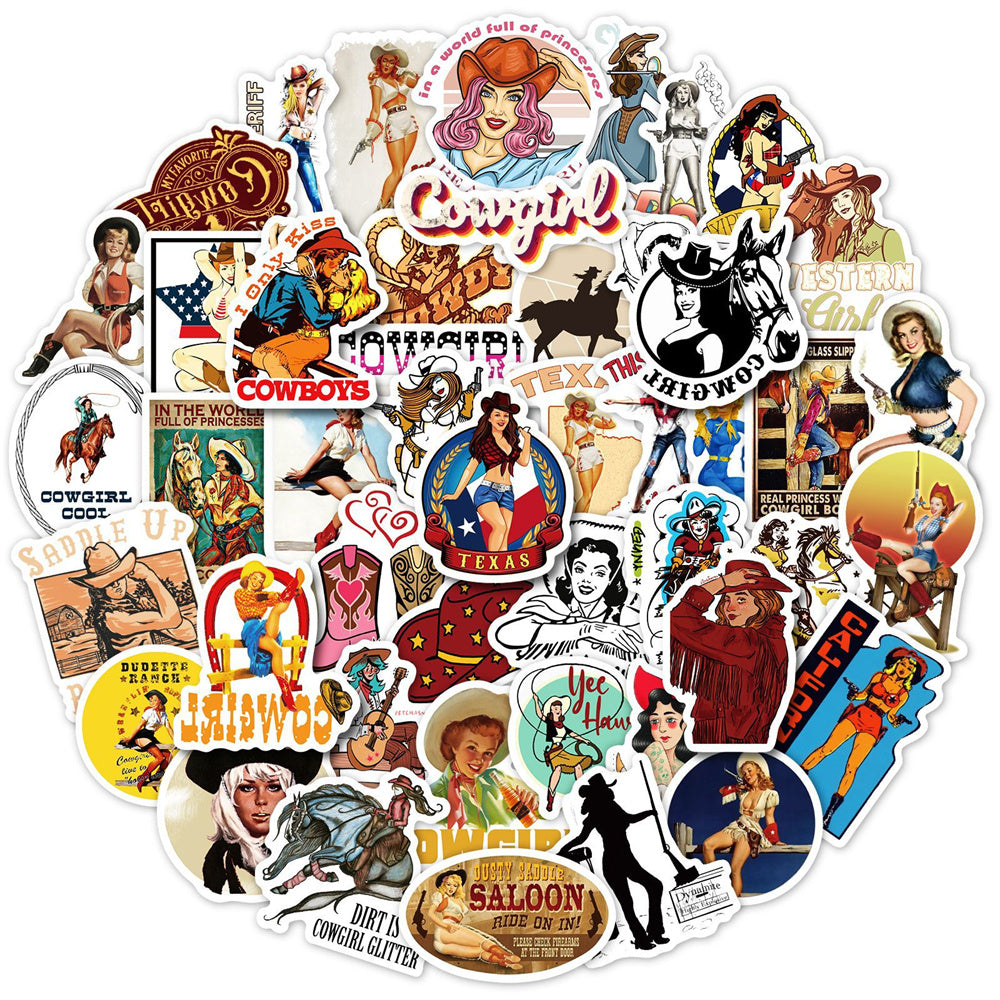 50PCS Retro Western Fashion Stickers, Stylish Cowgirl & Ranch Doodles for Denim Jackets, Boots, and Boho Decor