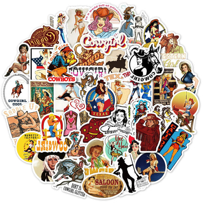 50PCS Retro Western Fashion Stickers, Stylish Cowgirl & Ranch Doodles for Denim Jackets, Boots, and Boho Decor