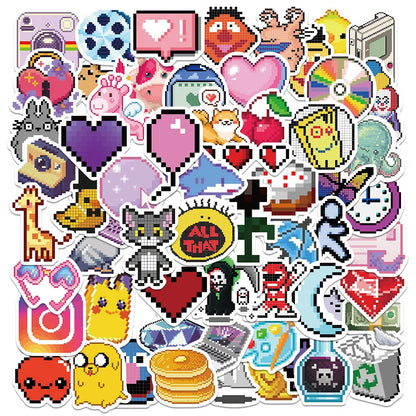 64PCS Mosaic pixel-style cartoon graffiti stickers, personalized fashion and creative trend DIY exquisite decorative stickers, refrigerator, skateboard, water cup, helmet, guitar, popular sticker toys