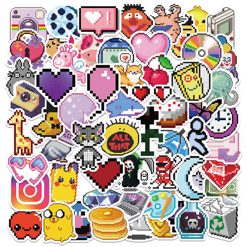 64PCS Mosaic pixel-style cartoon graffiti stickers, personalized fashion and creative trend DIY exquisite decorative stickers, refrigerator, skateboard, water cup, helmet, guitar, popular sticker toys