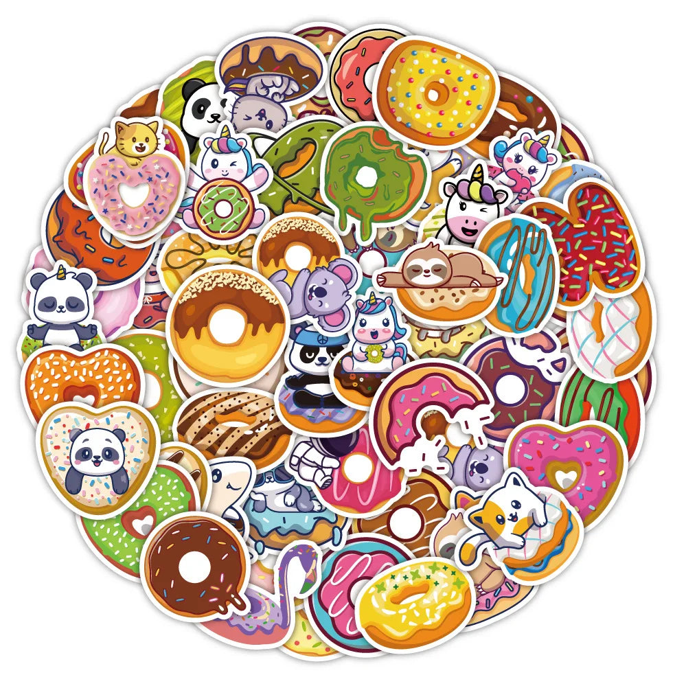 50PCS Cartoon Donut Sticker Graffiti Animal iPad Luggage Desk Notebook Computer Pattern Scrapbook Toy Decoration