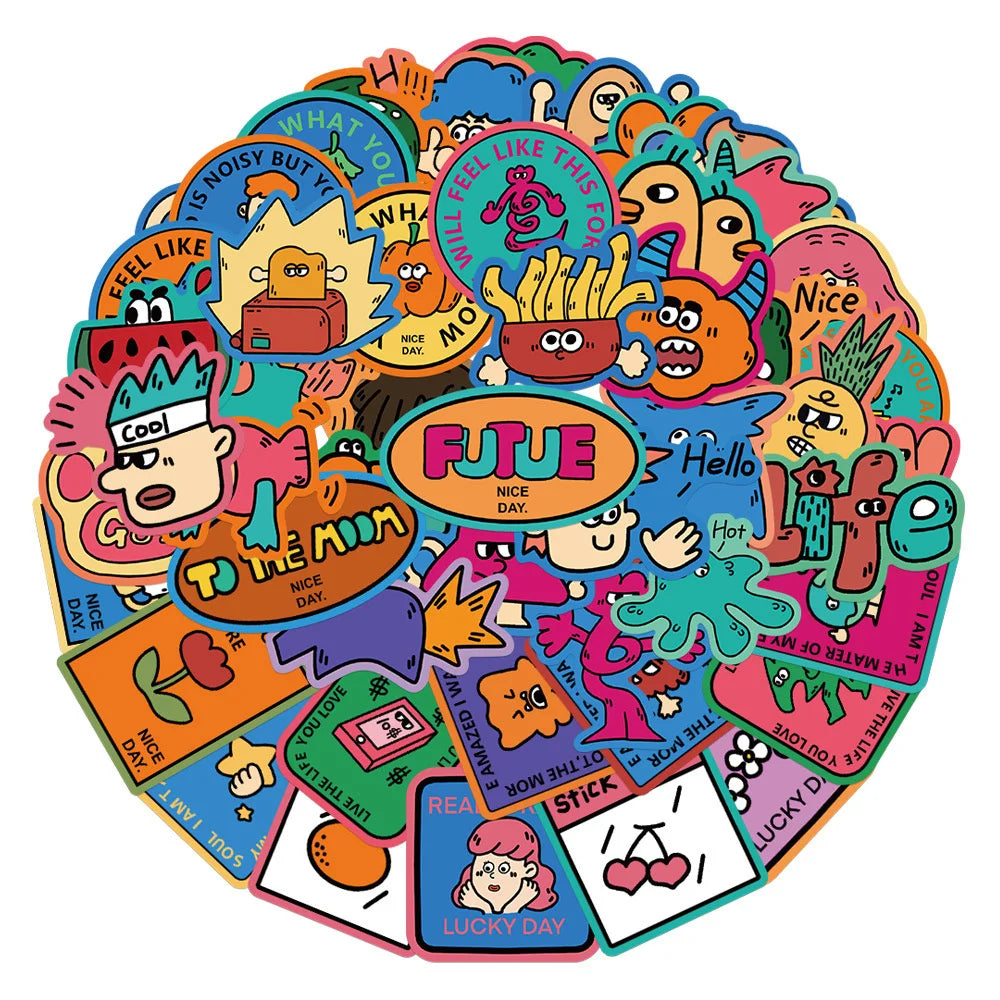50 pieces of cartoon hand-drawn odd graffiti stickers, personalized, fashionable, creative and exquisite decal toys, refrigerator, skateboard helmet, guitar, popular sticker toys
