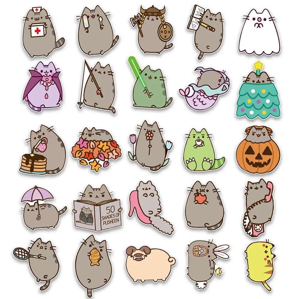 50PCS Cute Fat Cat Sticker Cartoon Flat Skateboard Telmet Cup Guitar DIY Wall Sticker Personalized Decoration