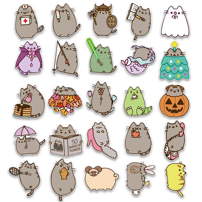 50PCS Cute Fat Cat Sticker Cartoon Flat Skateboard Telmet Cup Guitar DIY Wall Sticker Personalized Decoration