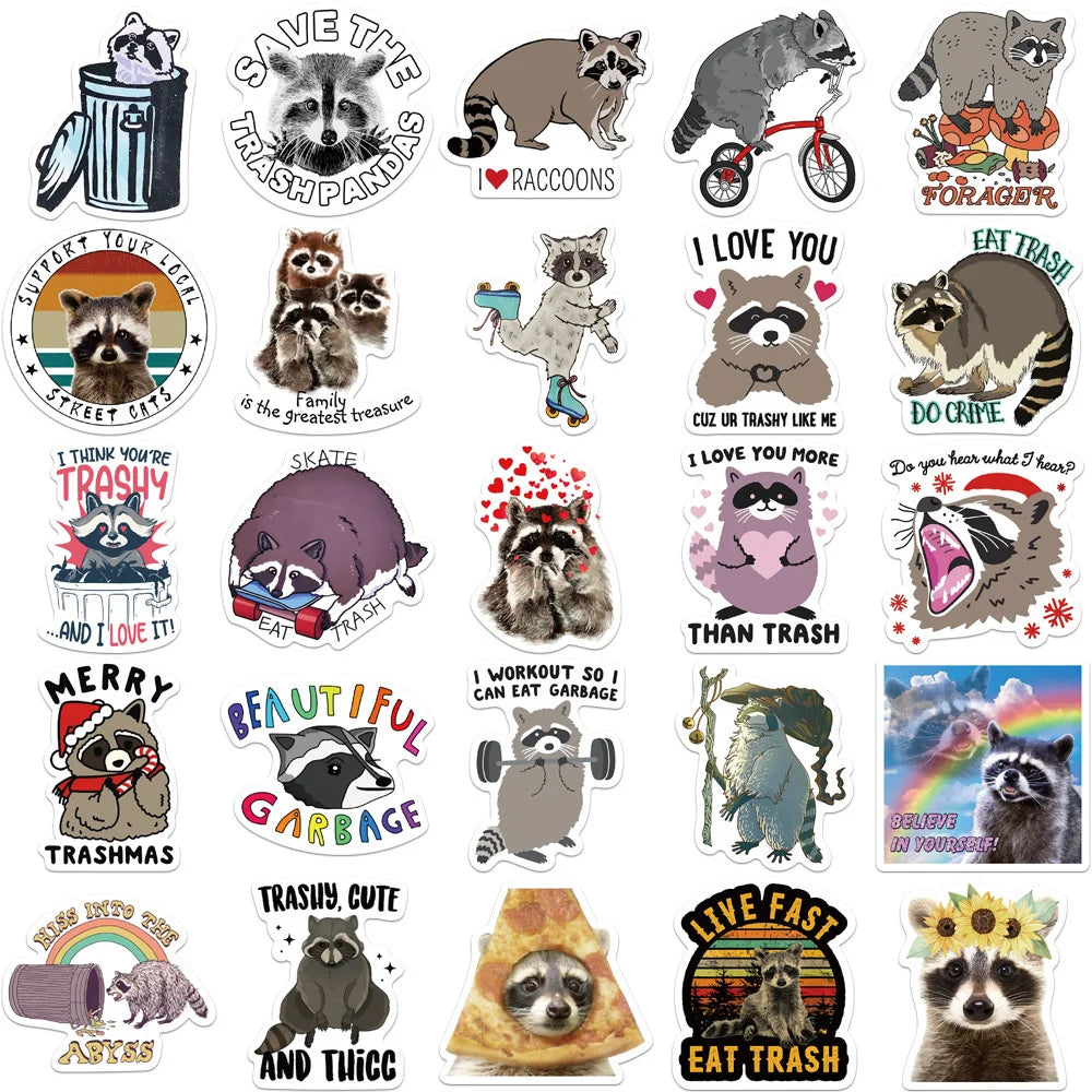 50PCS Cartoon Cute Animal Raccoon Children Sticker for Luggage Laptop IPad Journal Guitar Waterproof Sticker