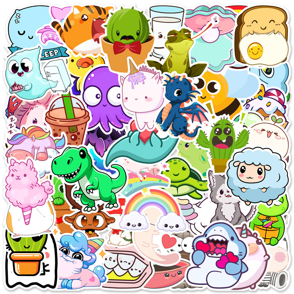 50PCS Cute Animal Doodle Stickers, Assorted Cartoon Creature Vinyl Decals for Laptop, Journal, Water Bottle