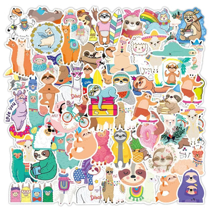 50PCS Adorable Cartoon Alpaca and Sloth Doodle Stickers for Suitcases, Laptops, DIY Fridge and Phone Cases, Diary Decorations