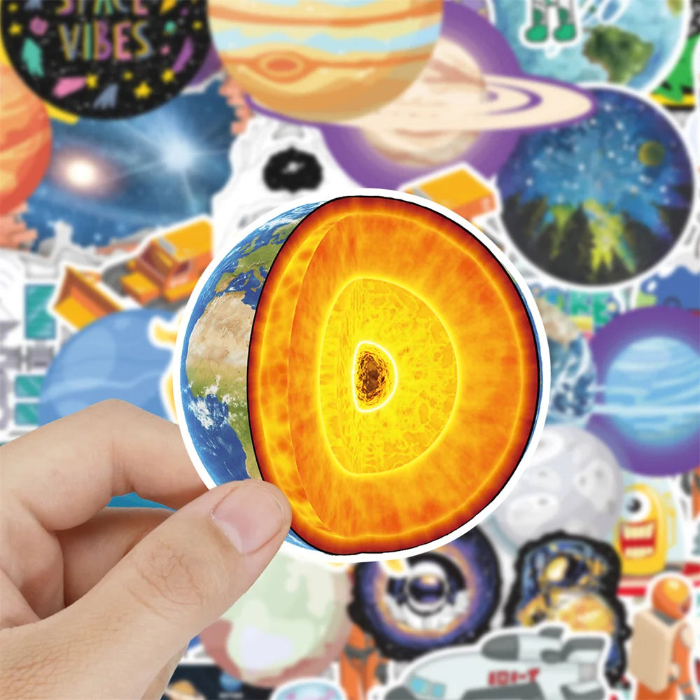 65PCS Space Planet Outer Space Cartoon Doodle Stickers Personalized Creative Trend Decorative Stickers Luggage Laptop Skateboards Cell Phone Shells Fashion Popular Decals Gift Toys