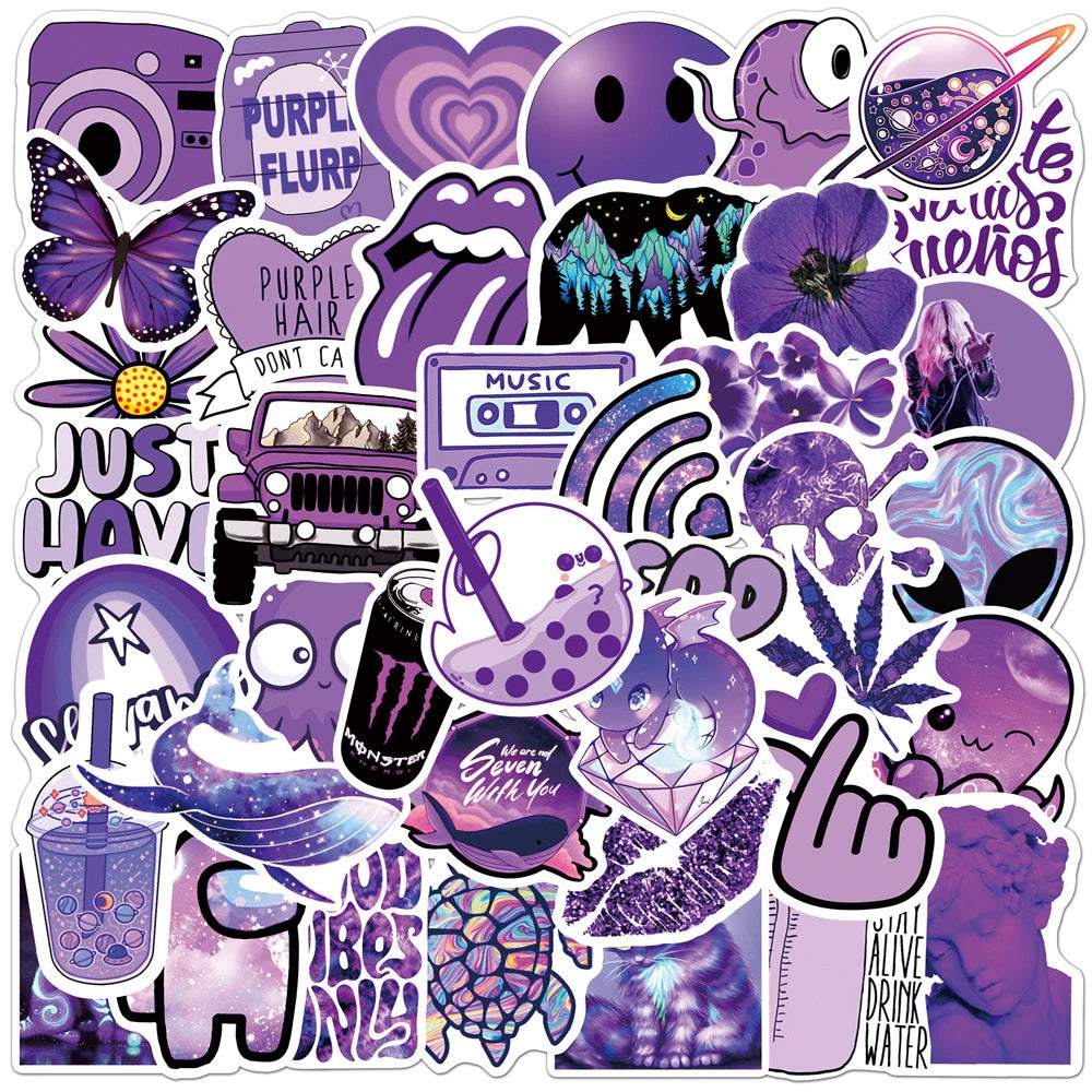 50PCS Cartoon Purple Small Fresh Graffiti Stickers Personalized Fashion Creative DIY Trend Decorative Stickers Bike Skateboard Car Helmet Laptop Popular Decals Toys