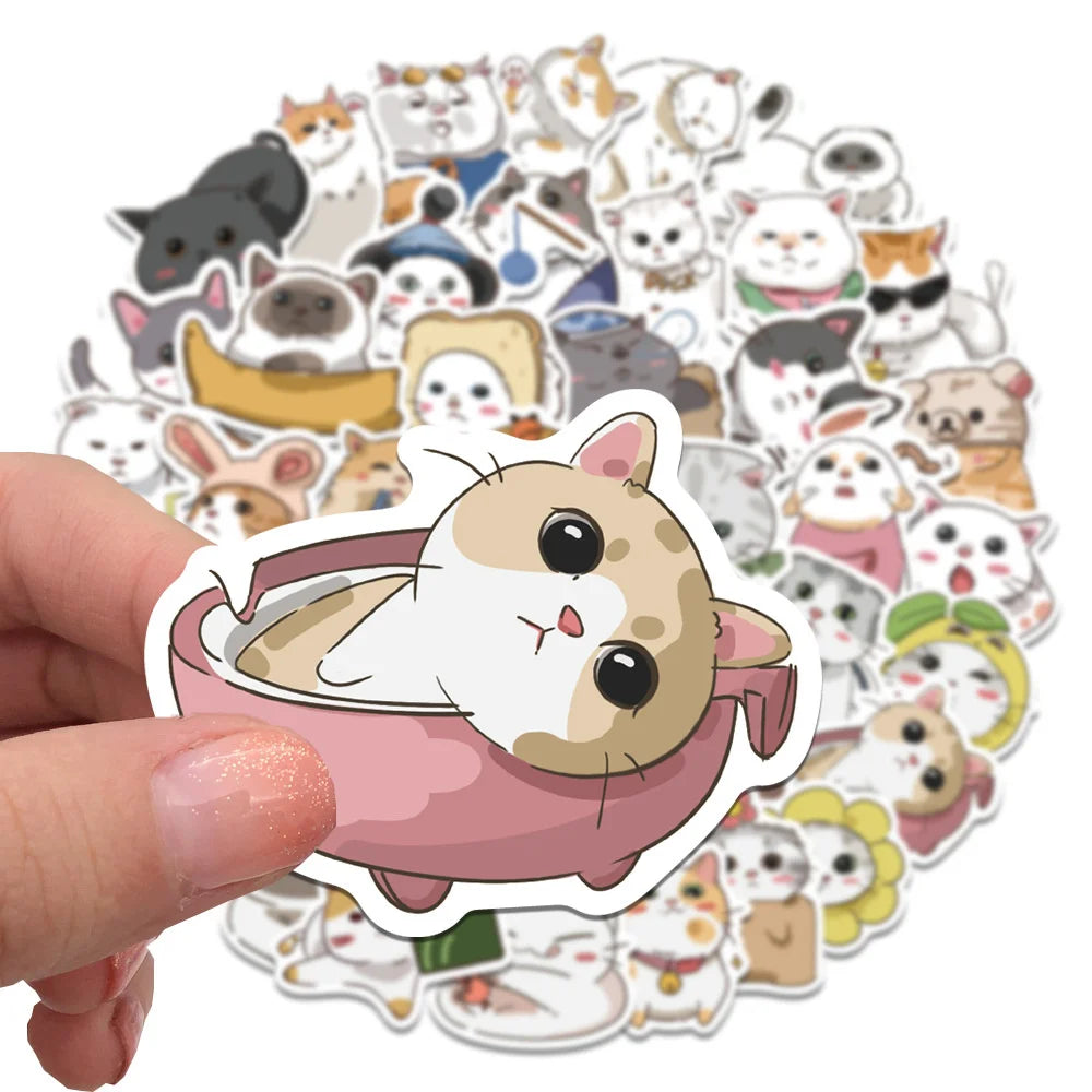 62PCS Cute Cartoon Cat Stationery Sticker Luggage Computer IPad Skateboard Helmet Water Cup Waterproof Sticker