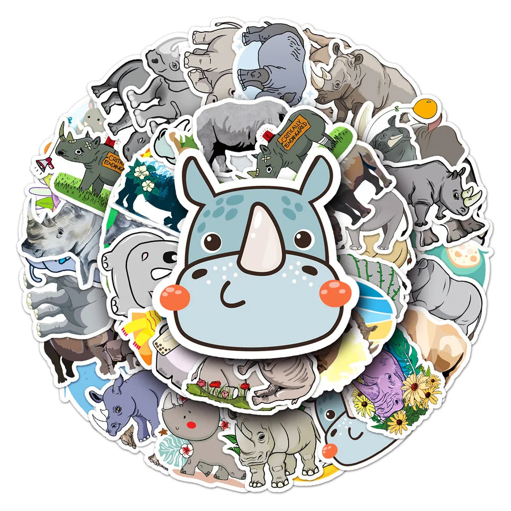 50PCS Rhinoceros Animal Cartoon Graffiti Waterproof Sticker Creative Decoration Refrigerator Skateboard Water Cup