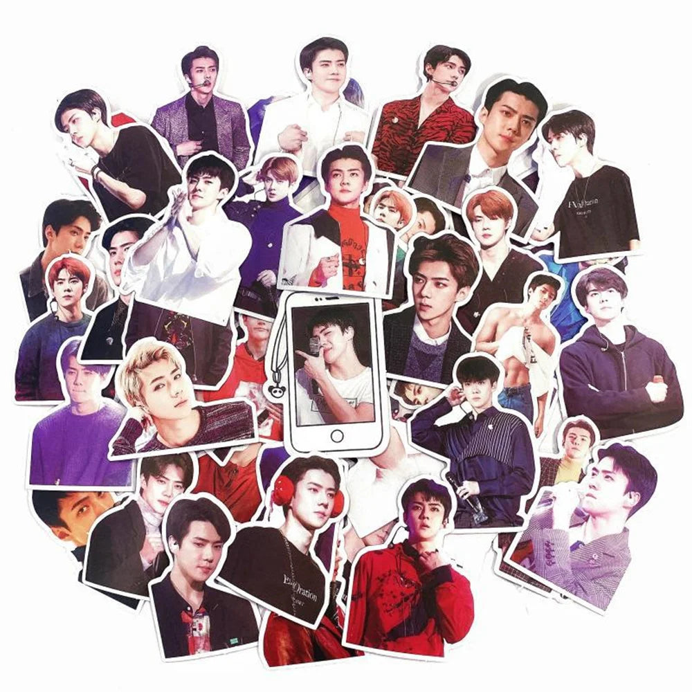 56PCS Korean Star Sehun KPOP Singer Exquisite Graffiti Stickers Personalized Creative Trend Decorative Stickers Luggage Laptop Refrigerator Helmet Fashion Popular Toy Decals