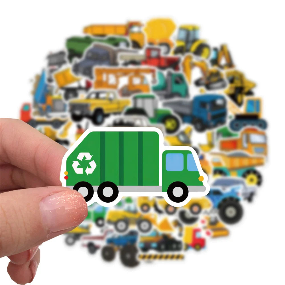 50PCS Construction Site Doodle Stickers, Cute Cartoon Truck & Vehicle Decals for Kids, Boys Room, and Imaginative Play