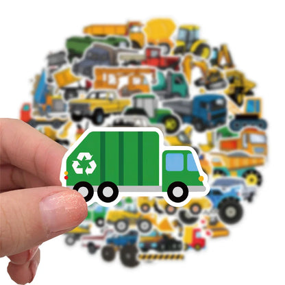 50PCS Construction Site Doodle Stickers, Cute Cartoon Truck & Vehicle Decals for Kids, Boys Room, and Imaginative Play