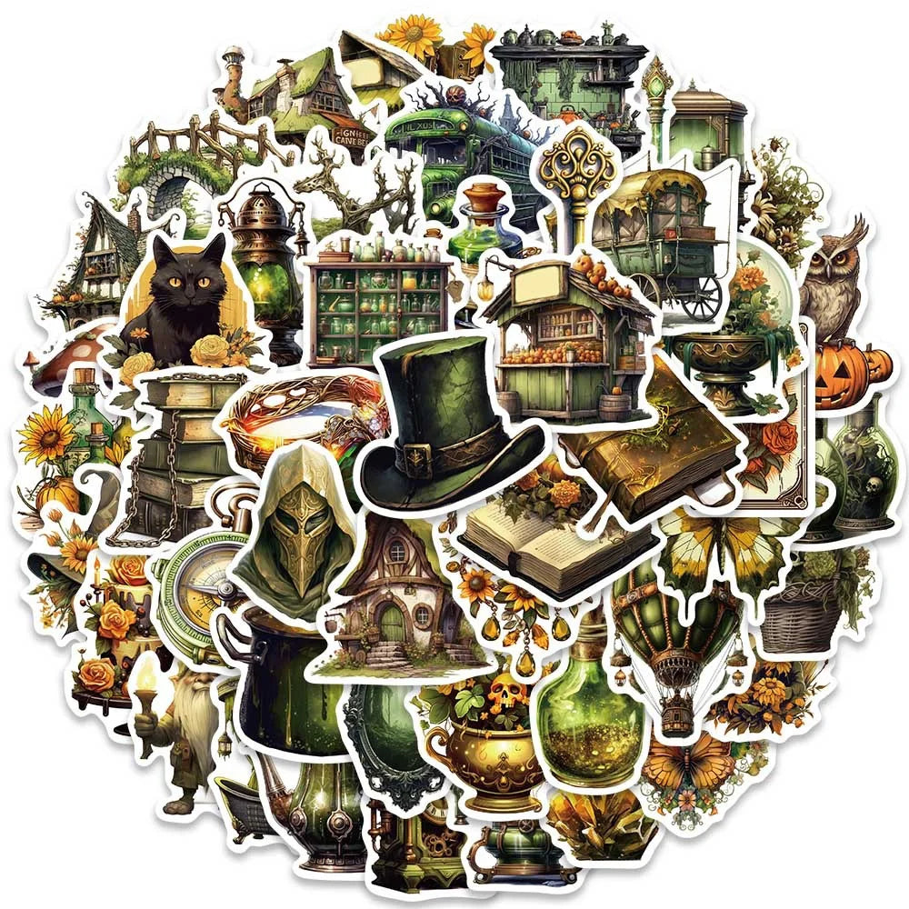 50PCS Jungle Magic Doodle Stickers, Vintage Cartoon Flora & Mystical Creature Decals for Adventurous Planners