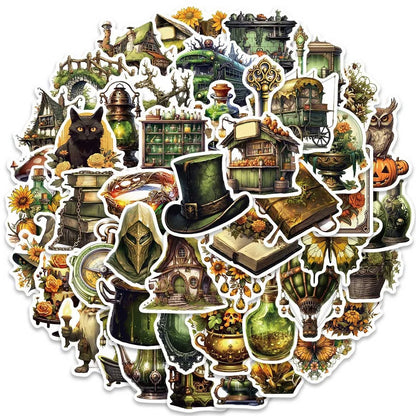 50PCS Jungle Magic Doodle Stickers, Vintage Cartoon Flora & Mystical Creature Decals for Adventurous Planners