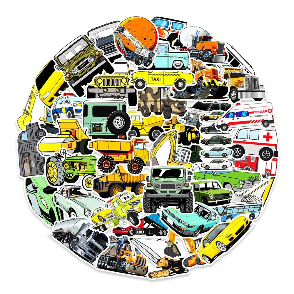 50PCS Cartoon Car Stickers Transportation Graffiti Motorcycle iPad  DIY Wall Stickers Toys Waterproof Decoration