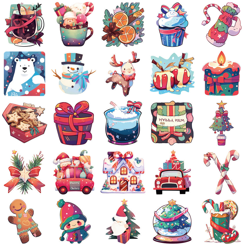 50PCS Christmas Gift Doodle Stickers, Cute Cartoon Holiday Vinyl Decals for Xmas Gifts, Cards, and Festive Decor