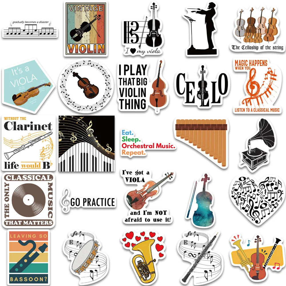 52PCS Cartoon Music Instruments Orchestra Doodle Stickers Personalized Fashion Creative DIY Exquisite Decorative Decals Toys For Luggage Laptop IPad Skateboard Popular Stickers