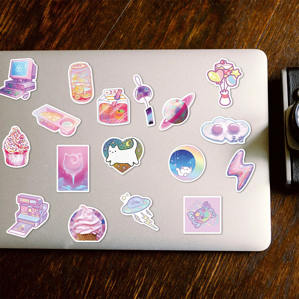 50PCS Laser Korean Cute Pink Purple Sticker Student Hand Account DIY Decorative Diary Suitcase Waterproof