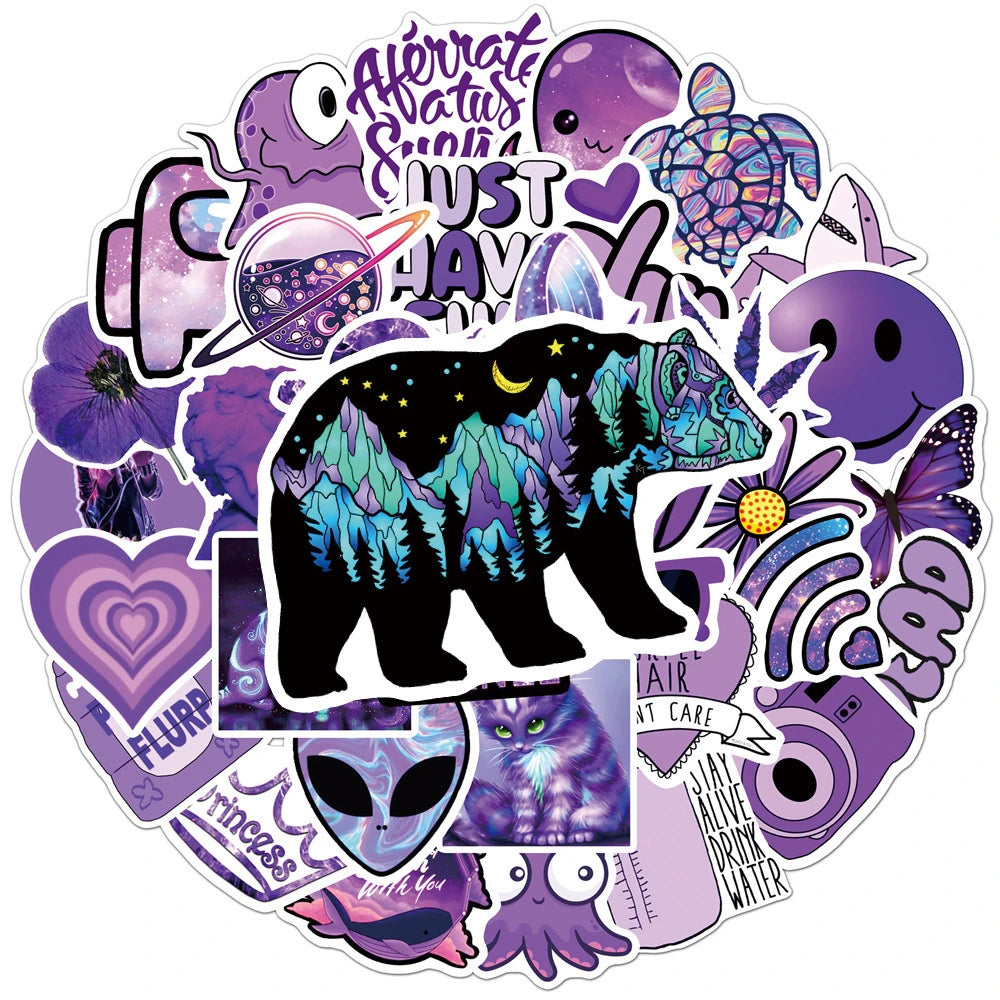 50PCS Cartoon Purple Small Fresh Graffiti Stickers Personalized Fashion Creative DIY Trend Decorative Stickers Bike Skateboard Car Helmet Laptop Popular Decals Toys