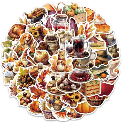 50PCS Thanksgiving Feast Stickers, Bountiful Harvest Food Cartoon Doodles for Holiday Tables and Family Celebrations