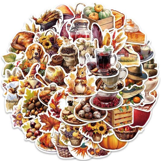 50PCS Thanksgiving Feast Stickers, Bountiful Harvest Food Cartoon Doodles for Holiday Tables and Family Celebrations