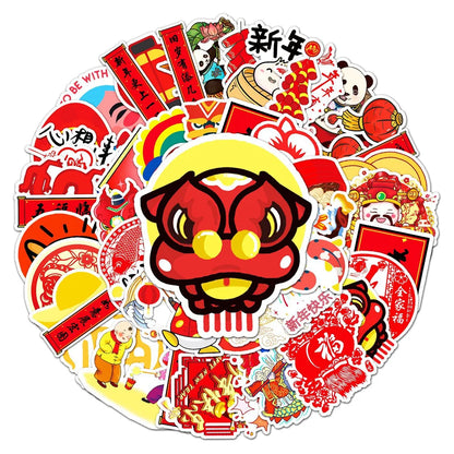 50 pieces of Chinese festival New Year series cartoon, auspicious and cute graffiti stickers, personalized, fashionable and creative DIY decorative stickers, guitar, IPad, helmet, skateboard, popular and exquisite decal toys